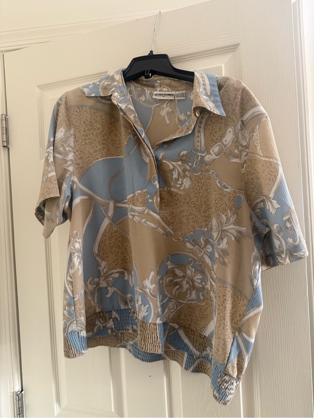 Alfred Dunner Blue and Beige Floral-Paisley Short Sleeve Top